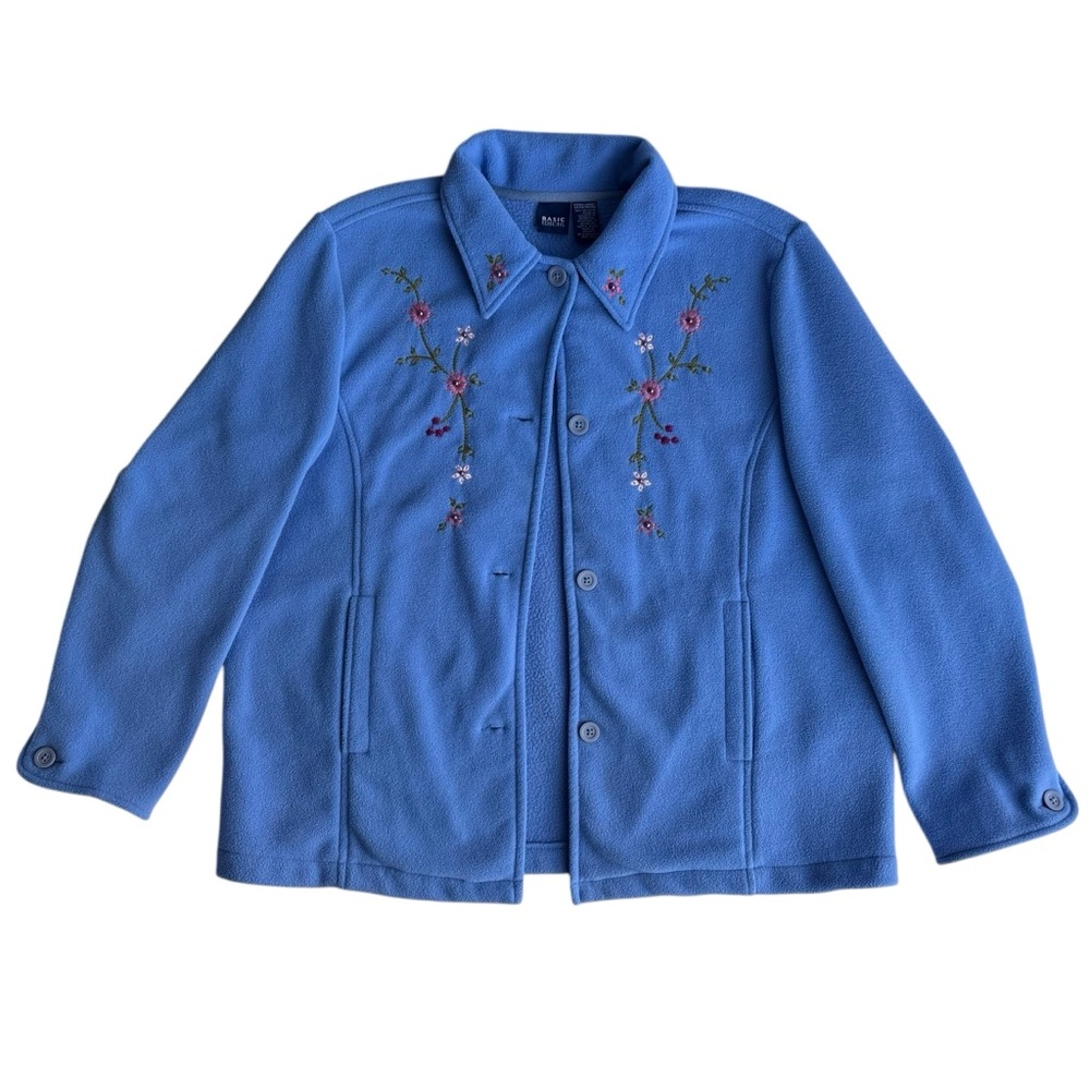 Vintage 90s Blue Floral Embroidered Fleece Jacket Size XL Cottagecore Grandma